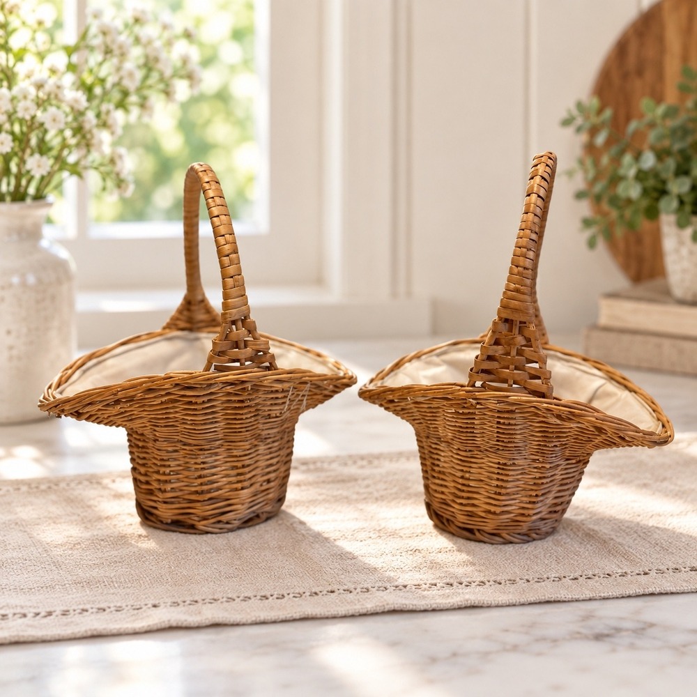 Vintage Woven Basket Pair Rustic Farmhouse Boho Cottagecore Storage Decor